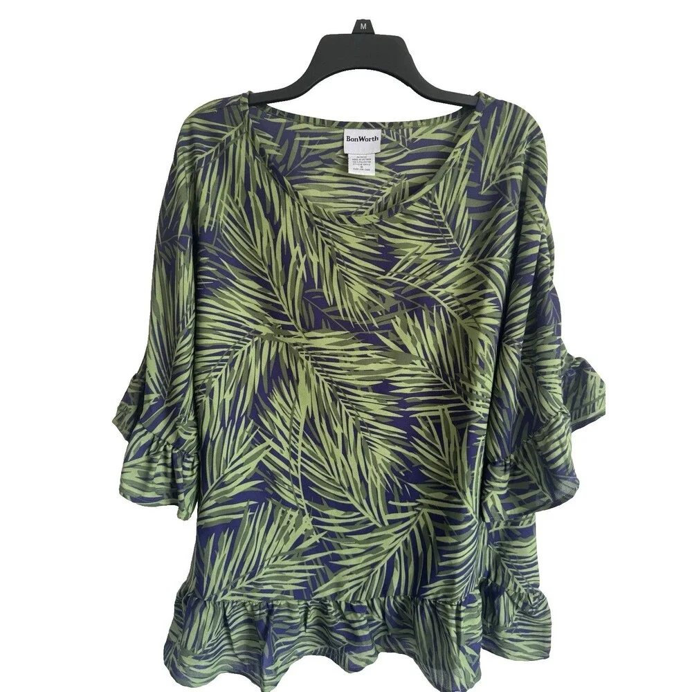 Bon Worth Tropical Leaf Print Blouse Ruffle Oversized Boxy Size Small